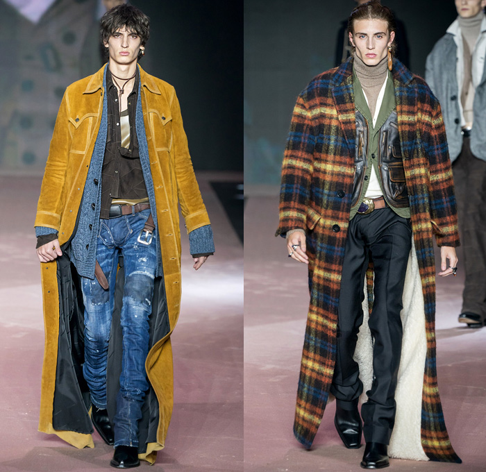 Dsquared2 2020-2021 Fall Autumn Winter Mens Runway Looks  - Milano Moda Uomo Milan Fashion Week Italy - D25 25th Anniversary Vintage Leather Sleeveless Vest Gilet Cargo Utility Pockets Western Cowboy Layers Check Plaid Wool Coat Shearling Fur Plush Suede Motorcycle Biker Jacket Patchwork Turtleneck Chunky Knit Cardigan Sweater Shirt Camouflage Fringes Hooks Quilted Puffer Low Crotch Destroyed Bootcut Denim Jeans Peel Away Fold Over Extra Waistband Frog Closures Boots Sunglasses
