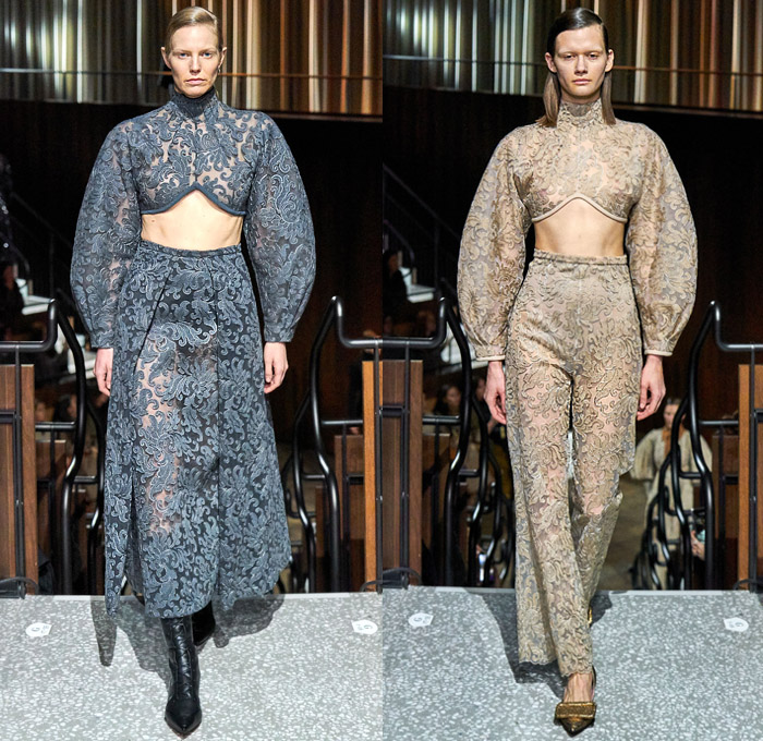 Emilia Wickstead 2020-2021 Fall Autumn Winter Womens Runway Catwalk Looks - London Fashion Week Collections UK - Art Deco Ornamental Decorative Art Lace Embroidery Needlework Crop Top Midriff Leg O'Mutton Poufy Bell Wide Sleeves Turtleneck Sheer Tulle Onesie Jumpsuit Coveralls Wide Leg Pants Draped Hotpants Gold Metallic ZIgzag Strapless Maxi Dress Gown Noodle Strap Bedazzled Beads Sequins Wrap Collar Wool Coat Cape Shawl Sash Purse Lampshade Hat