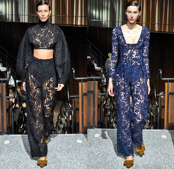 Emilia Wickstead 2020-2021 Fall Autumn Winter Womens Runway Catwalk Looks - London Fashion Week Collections UK - Art Deco Ornamental Decorative Art Lace Embroidery Needlework Crop Top Midriff Leg O'Mutton Poufy Bell Wide Sleeves Turtleneck Sheer Tulle Onesie Jumpsuit Coveralls Wide Leg Pants Draped Hotpants Gold Metallic ZIgzag Strapless Maxi Dress Gown Noodle Strap Bedazzled Beads Sequins Wrap Collar Wool Coat Cape Shawl Sash Purse Lampshade Hat