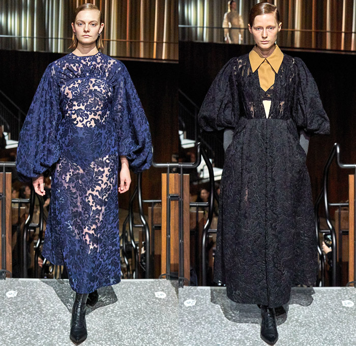 Emilia Wickstead 2020-2021 Fall Autumn Winter Womens Runway Catwalk Looks - London Fashion Week Collections UK - Art Deco Ornamental Decorative Art Lace Embroidery Needlework Crop Top Midriff Leg O'Mutton Poufy Bell Wide Sleeves Turtleneck Sheer Tulle Onesie Jumpsuit Coveralls Wide Leg Pants Draped Hotpants Gold Metallic ZIgzag Strapless Maxi Dress Gown Noodle Strap Bedazzled Beads Sequins Wrap Collar Wool Coat Cape Shawl Sash Purse Lampshade Hat