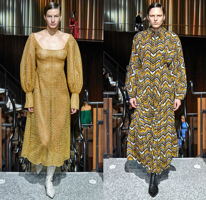 Emilia Wickstead 2020-2021 Fall Autumn Winter Womens Runway Catwalk Looks - London Fashion Week Collections UK - Art Deco Ornamental Decorative Art Lace Embroidery Needlework Crop Top Midriff Leg O'Mutton Poufy Bell Wide Sleeves Turtleneck Sheer Tulle Onesie Jumpsuit Coveralls Wide Leg Pants Draped Hotpants Gold Metallic ZIgzag Strapless Maxi Dress Gown Noodle Strap Bedazzled Beads Sequins Wrap Collar Wool Coat Cape Shawl Sash Purse Lampshade Hat