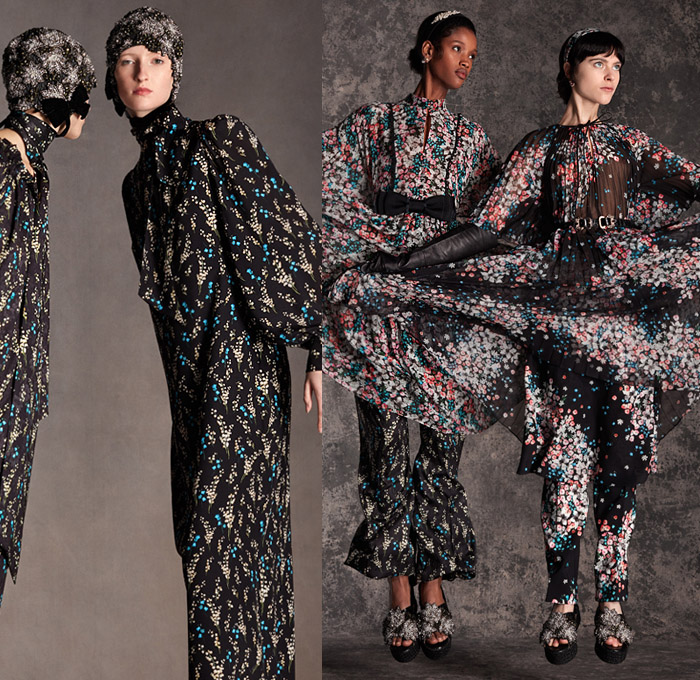 Erdem Moralıoğlu 2020 Pre-Fall Autumn Winter Womens Lookbook Presentation - Nancy Cunard Inspiration Scarf Flowers Floral Botanical Print Sleeveless Dress Knit Turtleneck Vest Shirtdress Lace Embroidery Cutwork Maxi Dress Blouse Geometric Circles Bedazzled Sequins Gems Crystals Jewels Headband 1920s Twenties Cloche Hat Sheer Tulle Bow Opera Gloves Silk Satin Gown Wide Sleeves Pantsuit Blazer Poufy High Strong Shoulders Jacquard Brocade Peplum Wedge Sandals