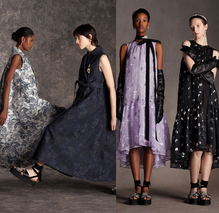 Erdem Moralıoğlu 2020 Pre-Fall Autumn Winter Womens Lookbook Presentation - Nancy Cunard Inspiration Scarf Flowers Floral Botanical Print Sleeveless Dress Knit Turtleneck Vest Shirtdress Lace Embroidery Cutwork Maxi Dress Blouse Geometric Circles Bedazzled Sequins Gems Crystals Jewels Headband 1920s Twenties Cloche Hat Sheer Tulle Bow Opera Gloves Silk Satin Gown Wide Sleeves Pantsuit Blazer Poufy High Strong Shoulders Jacquard Brocade Peplum Wedge Sandals