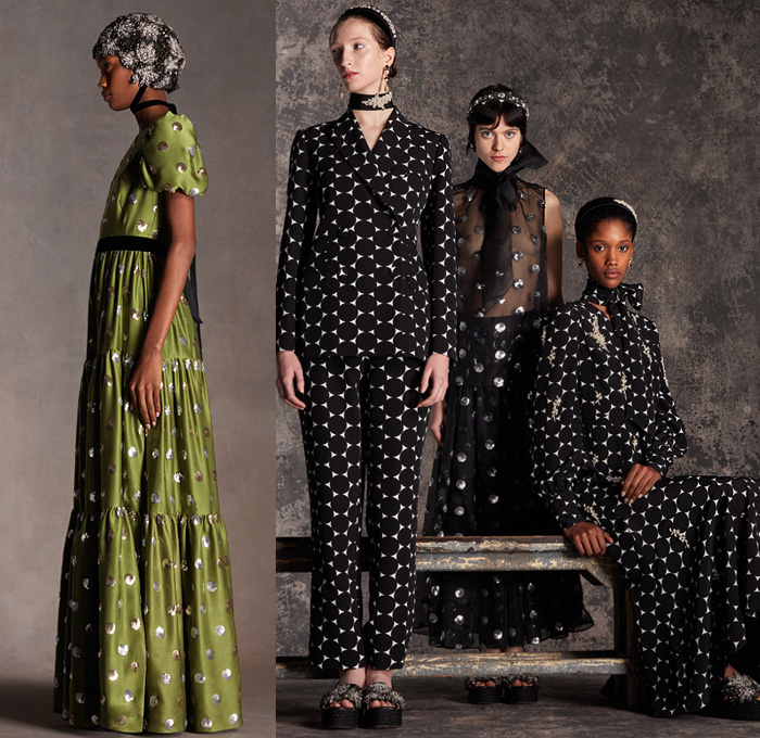 Erdem Moralıoğlu 2020 Pre-Fall Autumn Winter Womens Lookbook Presentation - Nancy Cunard Inspiration Scarf Flowers Floral Botanical Print Sleeveless Dress Knit Turtleneck Vest Shirtdress Lace Embroidery Cutwork Maxi Dress Blouse Geometric Circles Bedazzled Sequins Gems Crystals Jewels Headband 1920s Twenties Cloche Hat Sheer Tulle Bow Opera Gloves Silk Satin Gown Wide Sleeves Pantsuit Blazer Poufy High Strong Shoulders Jacquard Brocade Peplum Wedge Sandals