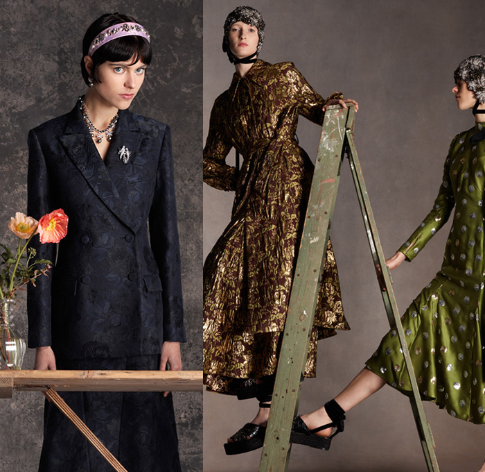 Erdem Moralıoğlu 2020 Pre-Fall Autumn Winter Womens Lookbook Presentation - Nancy Cunard Inspiration Scarf Flowers Floral Botanical Print Sleeveless Dress Knit Turtleneck Vest Shirtdress Lace Embroidery Cutwork Maxi Dress Blouse Geometric Circles Bedazzled Sequins Gems Crystals Jewels Headband 1920s Twenties Cloche Hat Sheer Tulle Bow Opera Gloves Silk Satin Gown Wide Sleeves Pantsuit Blazer Poufy High Strong Shoulders Jacquard Brocade Peplum Wedge Sandals