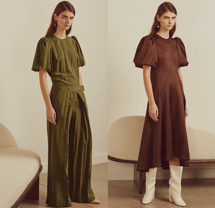 Eudon Choi 2020-2021 Fall Autumn Winter Womens Lookbook Presentation - New York Fashion Week NYFW - Long Sleeve Shirt Blouse Poufy Shoulders Knit Turtleneck Cardigan Sweater Hanging Sleeve Peasant Dress Cinch Pleats Shirtdress Trench Coat Pinstripe Stripes D-Ring Straps Belts Midi Skirt Handkerchief Hem Wool Knot Tie Up Waist Pantsuit Asymmetrical Closure Wide Leg Palazzo Pants Fold Over Hem Plaid Check Herringbone Culottes Boots