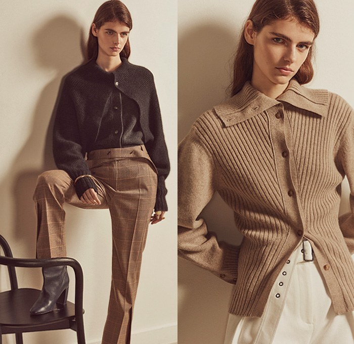 Eudon Choi 2020-2021 Fall Autumn Winter Womens Lookbook Presentation - New York Fashion Week NYFW - Long Sleeve Shirt Blouse Poufy Shoulders Knit Turtleneck Cardigan Sweater Hanging Sleeve Peasant Dress Cinch Pleats Shirtdress Trench Coat Pinstripe Stripes D-Ring Straps Belts Midi Skirt Handkerchief Hem Wool Knot Tie Up Waist Pantsuit Asymmetrical Closure Wide Leg Palazzo Pants Fold Over Hem Plaid Check Herringbone Culottes Boots