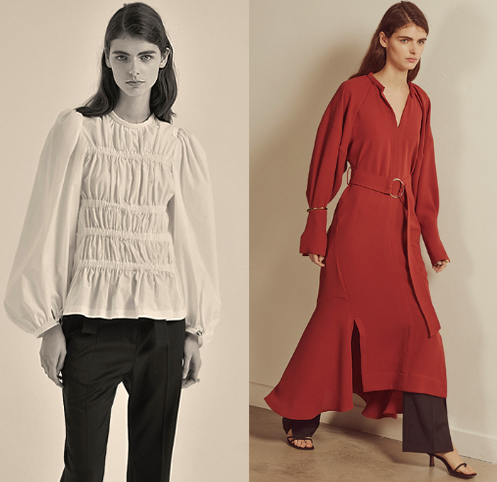 Eudon Choi 2020-2021 Fall Autumn Winter Womens Lookbook Presentation - New York Fashion Week NYFW - Long Sleeve Shirt Blouse Poufy Shoulders Knit Turtleneck Cardigan Sweater Hanging Sleeve Peasant Dress Cinch Pleats Shirtdress Trench Coat Pinstripe Stripes D-Ring Straps Belts Midi Skirt Handkerchief Hem Wool Knot Tie Up Waist Pantsuit Asymmetrical Closure Wide Leg Palazzo Pants Fold Over Hem Plaid Check Herringbone Culottes Boots