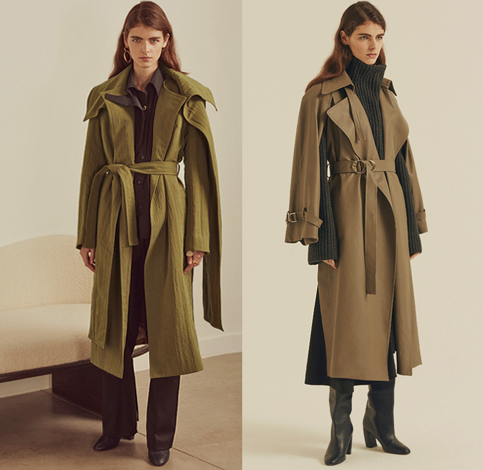 Eudon Choi 2020-2021 Fall Autumn Winter Womens Lookbook Presentation - New York Fashion Week NYFW - Long Sleeve Shirt Blouse Poufy Shoulders Knit Turtleneck Cardigan Sweater Hanging Sleeve Peasant Dress Cinch Pleats Shirtdress Trench Coat Pinstripe Stripes D-Ring Straps Belts Midi Skirt Handkerchief Hem Wool Knot Tie Up Waist Pantsuit Asymmetrical Closure Wide Leg Palazzo Pants Fold Over Hem Plaid Check Herringbone Culottes Boots