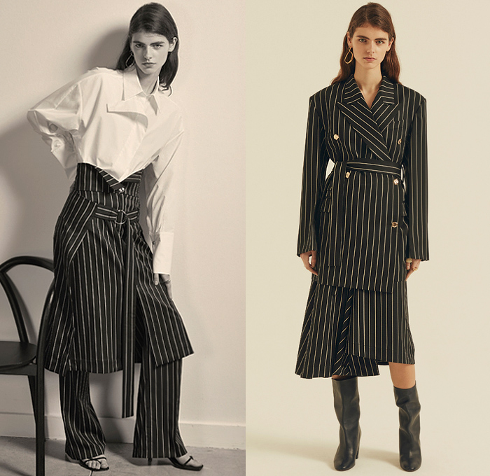 Eudon Choi 2020-2021 Fall Autumn Winter Womens Lookbook Presentation - New York Fashion Week NYFW - Long Sleeve Shirt Blouse Poufy Shoulders Knit Turtleneck Cardigan Sweater Hanging Sleeve Peasant Dress Cinch Pleats Shirtdress Trench Coat Pinstripe Stripes D-Ring Straps Belts Midi Skirt Handkerchief Hem Wool Knot Tie Up Waist Pantsuit Asymmetrical Closure Wide Leg Palazzo Pants Fold Over Hem Plaid Check Herringbone Culottes Boots