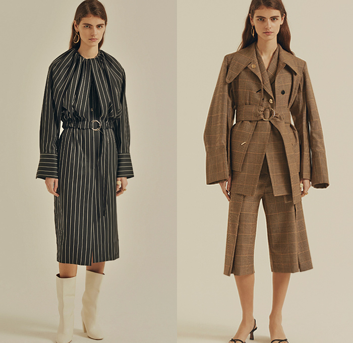 Eudon Choi 2020-2021 Fall Autumn Winter Womens Lookbook Presentation - New York Fashion Week NYFW - Long Sleeve Shirt Blouse Poufy Shoulders Knit Turtleneck Cardigan Sweater Hanging Sleeve Peasant Dress Cinch Pleats Shirtdress Trench Coat Pinstripe Stripes D-Ring Straps Belts Midi Skirt Handkerchief Hem Wool Knot Tie Up Waist Pantsuit Asymmetrical Closure Wide Leg Palazzo Pants Fold Over Hem Plaid Check Herringbone Culottes Boots