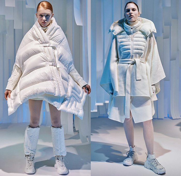 Fila 2020-2021 Fall Autumn Winter Womens Mens Lookbook Presentation - Milano Moda Donna Collezione Milan Fashion Week Italy - Arctic Snow Sport Athleisure Trackwear Streetwear White Black Quilted Puffer Coat Parka Jacket Hoodie Poncho Vest Wide Sleeves Plush Fur Straps Belts Miniskirt Mountain Alps Print Mullet High-Low Waterfall Hem Skirt Pleats Knit Sweater Onesie Jumpsuit Coveralls Knee Panels Trapper Hat Leg Warmers Sneakers Gloves Duffel Fanny Pack Waist Pouch Belt Bag
