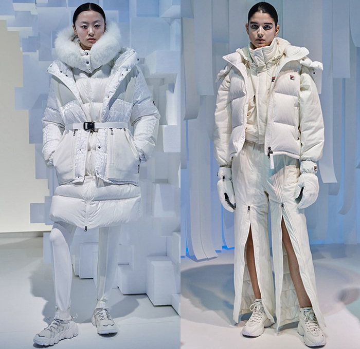 Fila 2020-2021 Fall Autumn Winter Womens Mens Lookbook Presentation - Milano Moda Donna Collezione Milan Fashion Week Italy - Arctic Snow Sport Athleisure Trackwear Streetwear White Black Quilted Puffer Coat Parka Jacket Hoodie Poncho Vest Wide Sleeves Plush Fur Straps Belts Miniskirt Mountain Alps Print Mullet High-Low Waterfall Hem Skirt Pleats Knit Sweater Onesie Jumpsuit Coveralls Knee Panels Trapper Hat Leg Warmers Sneakers Gloves Duffel Fanny Pack Waist Pouch Belt Bag