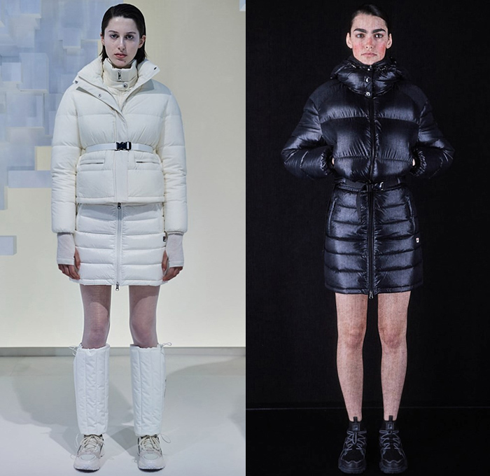Fila 2020-2021 Fall Autumn Winter Womens Mens Lookbook Presentation - Milano Moda Donna Collezione Milan Fashion Week Italy - Arctic Snow Sport Athleisure Trackwear Streetwear White Black Quilted Puffer Coat Parka Jacket Hoodie Poncho Vest Wide Sleeves Plush Fur Straps Belts Miniskirt Mountain Alps Print Mullet High-Low Waterfall Hem Skirt Pleats Knit Sweater Onesie Jumpsuit Coveralls Knee Panels Trapper Hat Leg Warmers Sneakers Gloves Duffel Fanny Pack Waist Pouch Belt Bag