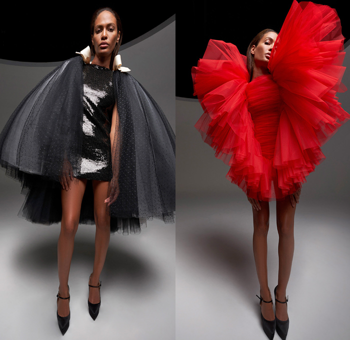 Giambattista Valli 2020-2021 Fall Autumn Winter Haute Couture Avant-Garde Womens Lookbook Presentation - La Ville Lumière - Joan Smalls - Voluminous Ruffles Tiered Sheer Tulle Mesh Oversized Giant Big Bow Ribbon Wrap Dress Train Pleats Tied Knot Cape Bedazzled Sequins Embroidery Butterfly Wings Strapless Headwear Flowers Floral Dots Trompe L'oeil Feathers Plumage Veil Pillow Fluffy Puffer Silk Satin Gown Eveningwear Platform Heels