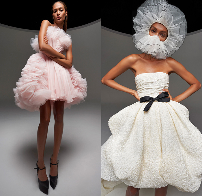 Giambattista Valli 2020-2021 Fall Autumn Winter Haute Couture Avant-Garde Womens Lookbook Presentation - La Ville Lumière - Joan Smalls - Voluminous Ruffles Tiered Sheer Tulle Mesh Oversized Giant Big Bow Ribbon Wrap Dress Train Pleats Tied Knot Cape Bedazzled Sequins Embroidery Butterfly Wings Strapless Headwear Flowers Floral Dots Trompe L'oeil Feathers Plumage Veil Pillow Fluffy Puffer Silk Satin Gown Eveningwear Platform Heels