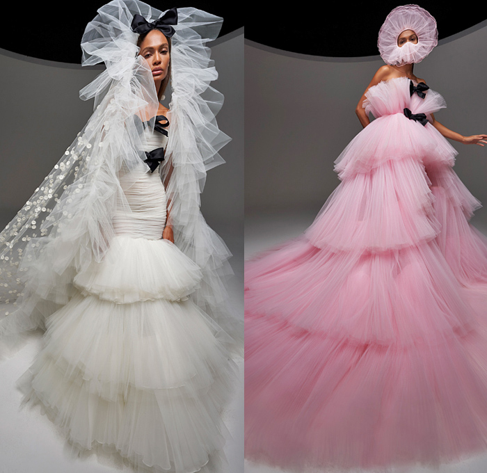 Giambattista Valli 2020-2021 Fall Autumn Winter Haute Couture Avant-Garde Womens Lookbook Presentation - La Ville Lumière - Joan Smalls - Voluminous Ruffles Tiered Sheer Tulle Mesh Oversized Giant Big Bow Ribbon Wrap Dress Train Pleats Tied Knot Cape Bedazzled Sequins Embroidery Butterfly Wings Strapless Headwear Flowers Floral Dots Trompe L'oeil Feathers Plumage Veil Pillow Fluffy Puffer Silk Satin Gown Eveningwear Platform Heels