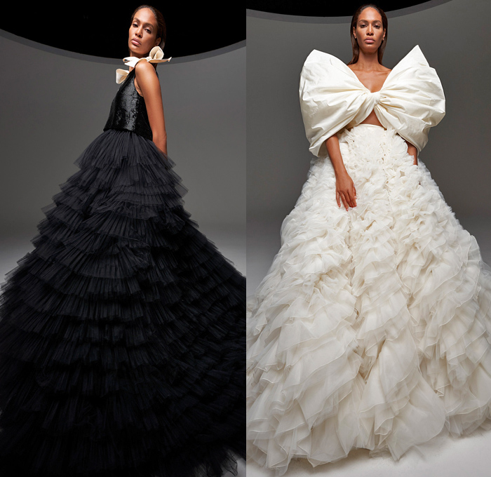 Giambattista Valli 2020-2021 Fall Autumn Winter Haute Couture Avant-Garde Womens Lookbook Presentation - La Ville Lumière - Joan Smalls - Voluminous Ruffles Tiered Sheer Tulle Mesh Oversized Giant Big Bow Ribbon Wrap Dress Train Pleats Tied Knot Cape Bedazzled Sequins Embroidery Butterfly Wings Strapless Headwear Flowers Floral Dots Trompe L'oeil Feathers Plumage Veil Pillow Fluffy Puffer Silk Satin Gown Eveningwear Platform Heels