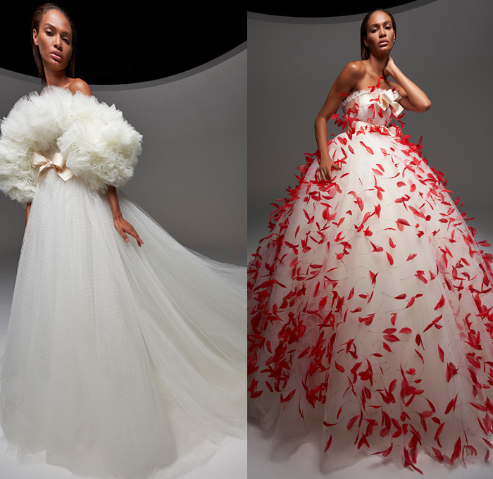 Giambattista Valli 2020-2021 Fall Autumn Winter Haute Couture Avant-Garde Womens Lookbook Presentation - La Ville Lumière - Joan Smalls - Voluminous Ruffles Tiered Sheer Tulle Mesh Oversized Giant Big Bow Ribbon Wrap Dress Train Pleats Tied Knot Cape Bedazzled Sequins Embroidery Butterfly Wings Strapless Headwear Flowers Floral Dots Trompe L'oeil Feathers Plumage Veil Pillow Fluffy Puffer Silk Satin Gown Eveningwear Platform Heels