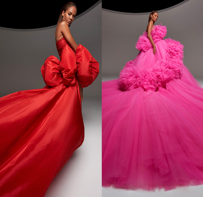 Giambattista Valli 2020-2021 Fall Autumn Winter Haute Couture Avant-Garde Womens Lookbook Presentation - La Ville Lumière - Joan Smalls - Voluminous Ruffles Tiered Sheer Tulle Mesh Oversized Giant Big Bow Ribbon Wrap Dress Train Pleats Tied Knot Cape Bedazzled Sequins Embroidery Butterfly Wings Strapless Headwear Flowers Floral Dots Trompe L'oeil Feathers Plumage Veil Pillow Fluffy Puffer Silk Satin Gown Eveningwear Platform Heels