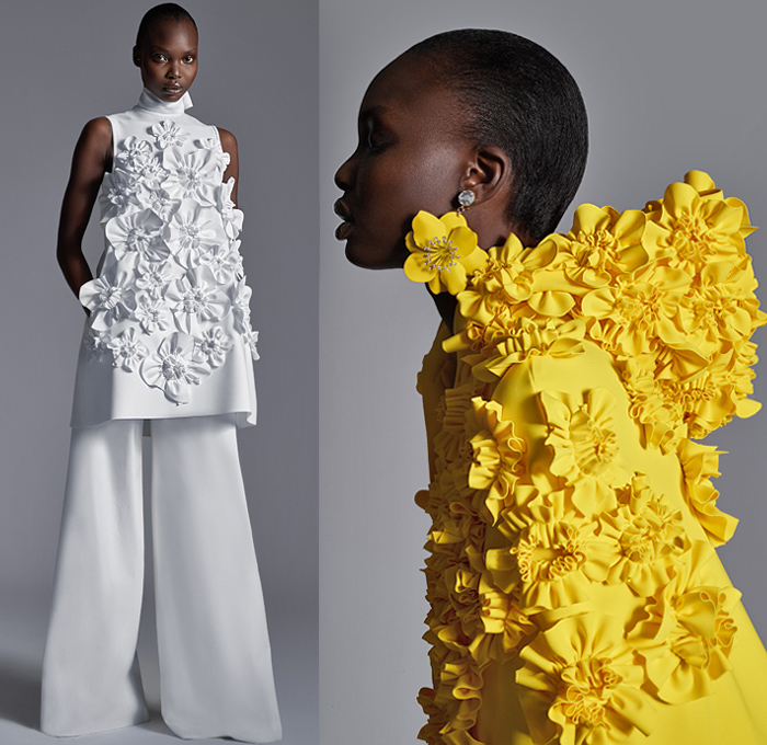 Greta Constantine 2020-2021 Fall Autumn Winter Womens Lookbook Presentation - New York Fashion Week NYFW - Trompe L'oeil Flowers Floral Embroidery Petals Sleeveless Turtleneck One Shoulder Blouse Silk Satin Wide Sleeves Strapless Wrap Ruffles Tiered Sheer Tulle Tutu Metallic Sheen Cape Rose Bud Neck Polka Dots Giant Bow Bedazzled Sequins Water Tank Skirt Mullet High Low Waterfall Hem Dress Gown Wide Leg Palazzo Pants Fedora