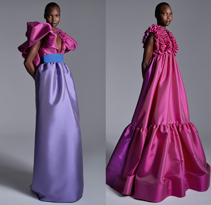 Greta Constantine 2020-2021 Fall Autumn Winter Womens Lookbook Presentation - New York Fashion Week NYFW - Trompe L'oeil Flowers Floral Embroidery Petals Sleeveless Turtleneck One Shoulder Blouse Silk Satin Wide Sleeves Strapless Wrap Ruffles Tiered Sheer Tulle Tutu Metallic Sheen Cape Rose Bud Neck Polka Dots Giant Bow Bedazzled Sequins Water Tank Skirt Mullet High Low Waterfall Hem Dress Gown Wide Leg Palazzo Pants Fedora
