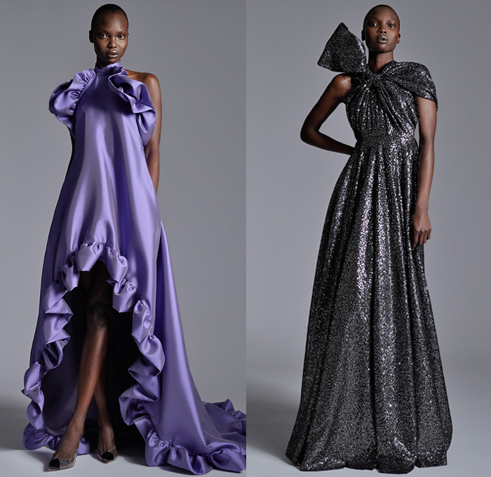 Greta Constantine 2020-2021 Fall Autumn Winter Womens Lookbook Presentation - New York Fashion Week NYFW - Trompe L'oeil Flowers Floral Embroidery Petals Sleeveless Turtleneck One Shoulder Blouse Silk Satin Wide Sleeves Strapless Wrap Ruffles Tiered Sheer Tulle Tutu Metallic Sheen Cape Rose Bud Neck Polka Dots Giant Bow Bedazzled Sequins Water Tank Skirt Mullet High Low Waterfall Hem Dress Gown Wide Leg Palazzo Pants Fedora