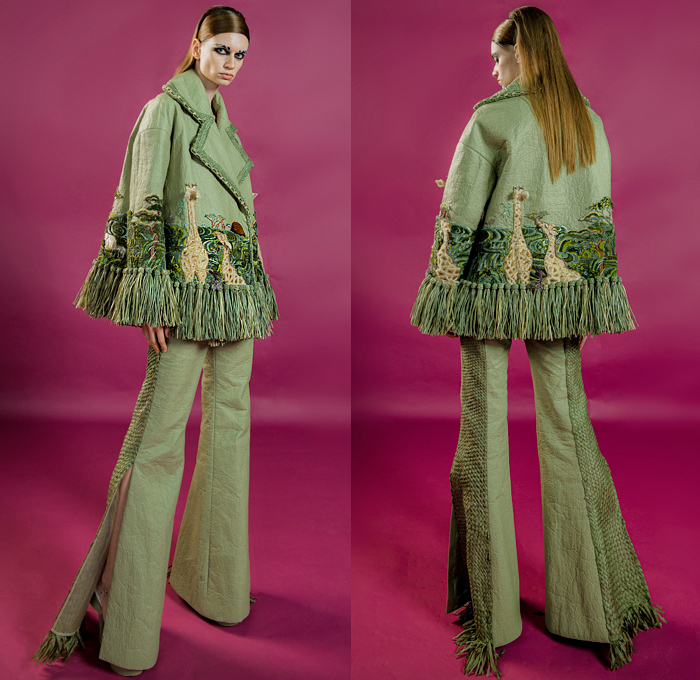 Guo Pei 2020-2021 Fall Autumn Winter Haute Couture Avant-Garde Womens Lookbook Presentation - Savanna Savannah African Grasslands Safari Animals Wildlife Elephant Trunk Cheetah Tail Zebra Giraffe Embroidery Piñatex Leather Organic Pineapple Leaves Trompe L'oeil Coat Jacket Fringes Strapless Dress Tabard Mullet Hem Ruffles Tied Strings Split Felt Wool Pockets Pointed Lapel Shirtdress Circular Sheer Tulle Tutu Crinoline Skirt Waffle Cutout Slit Flare Basketweave Pants Wrapped Boots