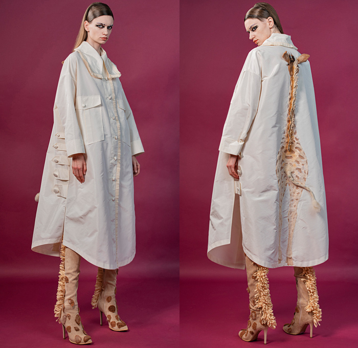 Guo Pei 2020-2021 Fall Autumn Winter Haute Couture Avant-Garde Womens Lookbook Presentation - Savanna Savannah African Grasslands Safari Animals Wildlife Elephant Trunk Cheetah Tail Zebra Giraffe Embroidery Piñatex Leather Organic Pineapple Leaves Trompe L'oeil Coat Jacket Fringes Strapless Dress Tabard Mullet Hem Ruffles Tied Strings Split Felt Wool Pockets Pointed Lapel Shirtdress Circular Sheer Tulle Tutu Crinoline Skirt Waffle Cutout Slit Flare Basketweave Pants Wrapped Boots