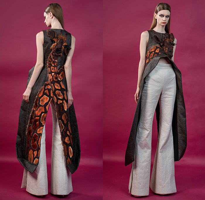 Guo Pei 2020-2021 Fall Autumn Winter Haute Couture Avant-Garde Womens Lookbook Presentation - Savanna Savannah African Grasslands Safari Animals Wildlife Elephant Trunk Cheetah Tail Zebra Giraffe Embroidery Piñatex Leather Organic Pineapple Leaves Trompe L'oeil Coat Jacket Fringes Strapless Dress Tabard Mullet Hem Ruffles Tied Strings Split Felt Wool Pockets Pointed Lapel Shirtdress Circular Sheer Tulle Tutu Crinoline Skirt Waffle Cutout Slit Flare Basketweave Pants Wrapped Boots