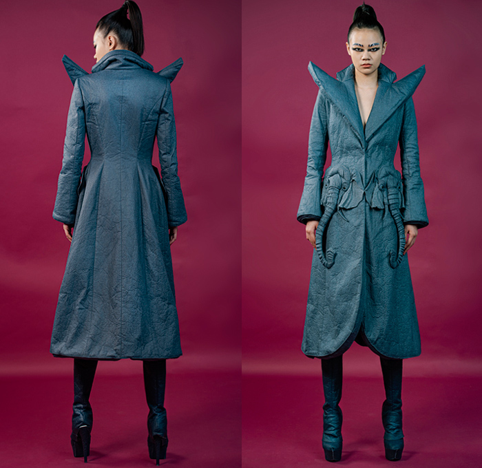 Guo Pei 2020-2021 Fall Autumn Winter Haute Couture Avant-Garde Womens Lookbook Presentation - Savanna Savannah African Grasslands Safari Animals Wildlife Elephant Trunk Cheetah Tail Zebra Giraffe Embroidery Piñatex Leather Organic Pineapple Leaves Trompe L'oeil Coat Jacket Fringes Strapless Dress Tabard Mullet Hem Ruffles Tied Strings Split Felt Wool Pockets Pointed Lapel Shirtdress Circular Sheer Tulle Tutu Crinoline Skirt Waffle Cutout Slit Flare Basketweave Pants Wrapped Boots