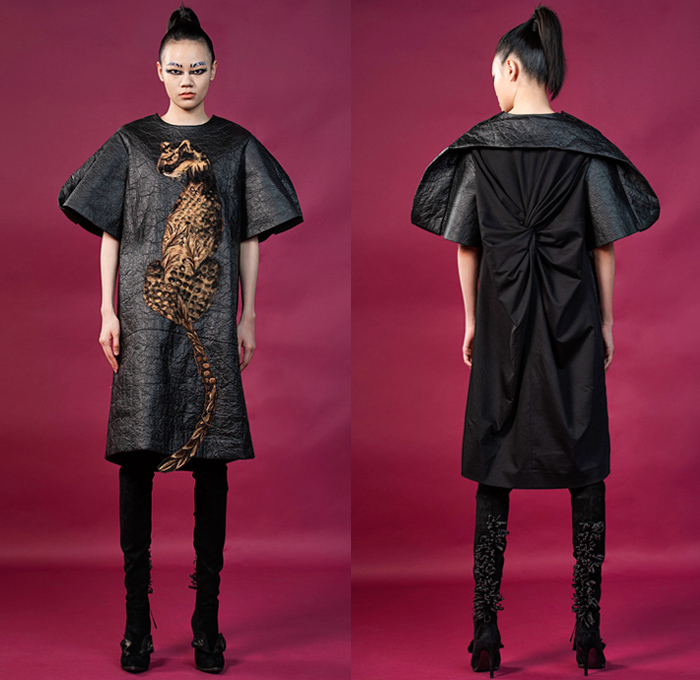 Guo Pei 2020-2021 Fall Autumn Winter Haute Couture Avant-Garde Womens Lookbook Presentation - Savanna Savannah African Grasslands Safari Animals Wildlife Elephant Trunk Cheetah Tail Zebra Giraffe Embroidery Piñatex Leather Organic Pineapple Leaves Trompe L'oeil Coat Jacket Fringes Strapless Dress Tabard Mullet Hem Ruffles Tied Strings Split Felt Wool Pockets Pointed Lapel Shirtdress Circular Sheer Tulle Tutu Crinoline Skirt Waffle Cutout Slit Flare Basketweave Pants Wrapped Boots