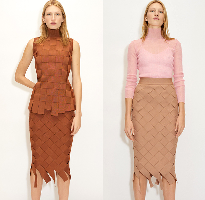 Hervé Léger 2020-2021 Fall Autumn Winter Womens Lookbook Presentation - New York Fashion Week NYFW -  Bandage Strap Wrap Bodycon Body Contour Sleeveless Dress Tiered Fringes Trims Pineapple Basketweave Turtleneck Knit Sweater Pencil Skirt Sweaterdress One Shoulder Asymmetrical Top Ribbed Perforated Holes Mesh Crop Top Midriff Twisted Neck Cutout Waist Studs