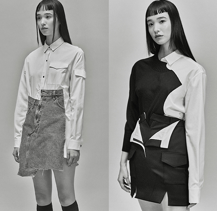 Ji Oh 2020-2021 Fall Autumn Winter Womens Lookbook Presentation - Deconstructed Hybrid Panels Angles Denim Jeans Shirtdress Onesie Military Cargo Utility Flap Kangaroo Pockets Cutout Peep Hole Sheer Tulle Knit Sweaterblouse Wrap Bandeau Fold Over Peel Away Strapless Open Shoulders Wide Sleeves Asymmetrical Cinch Miniskirt Camouflage Pants Platforms Boots