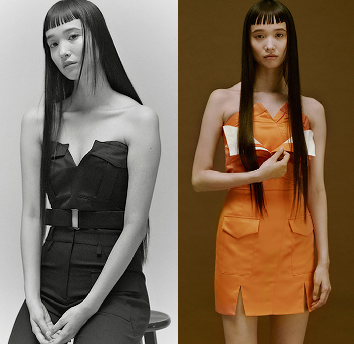 Ji Oh 2020-2021 Fall Autumn Winter Womens Lookbook Presentation - Deconstructed Hybrid Panels Angles Denim Jeans Shirtdress Onesie Military Cargo Utility Flap Kangaroo Pockets Cutout Peep Hole Sheer Tulle Knit Sweaterblouse Wrap Bandeau Fold Over Peel Away Strapless Open Shoulders Wide Sleeves Asymmetrical Cinch Miniskirt Camouflage Pants Platforms Boots