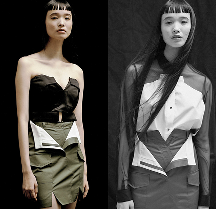 Ji Oh 2020-2021 Fall Autumn Winter Womens Lookbook Presentation - Deconstructed Hybrid Panels Angles Denim Jeans Shirtdress Onesie Military Cargo Utility Flap Kangaroo Pockets Cutout Peep Hole Sheer Tulle Knit Sweaterblouse Wrap Bandeau Fold Over Peel Away Strapless Open Shoulders Wide Sleeves Asymmetrical Cinch Miniskirt Camouflage Pants Platforms Boots
