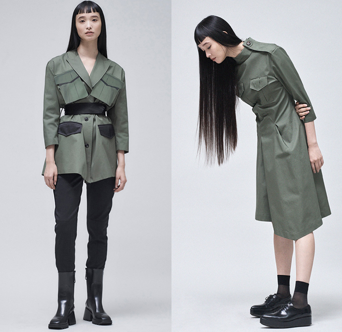 Ji Oh 2020-2021 Fall Autumn Winter Womens Lookbook Presentation - Deconstructed Hybrid Panels Angles Denim Jeans Shirtdress Onesie Military Cargo Utility Flap Kangaroo Pockets Cutout Peep Hole Sheer Tulle Knit Sweaterblouse Wrap Bandeau Fold Over Peel Away Strapless Open Shoulders Wide Sleeves Asymmetrical Cinch Miniskirt Camouflage Pants Platforms Boots