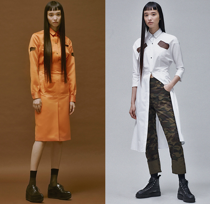 Ji Oh 2020-2021 Fall Autumn Winter Womens Lookbook Presentation - Deconstructed Hybrid Panels Angles Denim Jeans Shirtdress Onesie Military Cargo Utility Flap Kangaroo Pockets Cutout Peep Hole Sheer Tulle Knit Sweaterblouse Wrap Bandeau Fold Over Peel Away Strapless Open Shoulders Wide Sleeves Asymmetrical Cinch Miniskirt Camouflage Pants Platforms Boots