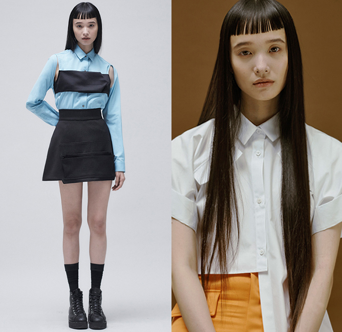 Ji Oh 2020-2021 Fall Autumn Winter Womens Lookbook Presentation - Deconstructed Hybrid Panels Angles Denim Jeans Shirtdress Onesie Military Cargo Utility Flap Kangaroo Pockets Cutout Peep Hole Sheer Tulle Knit Sweaterblouse Wrap Bandeau Fold Over Peel Away Strapless Open Shoulders Wide Sleeves Asymmetrical Cinch Miniskirt Camouflage Pants Platforms Boots