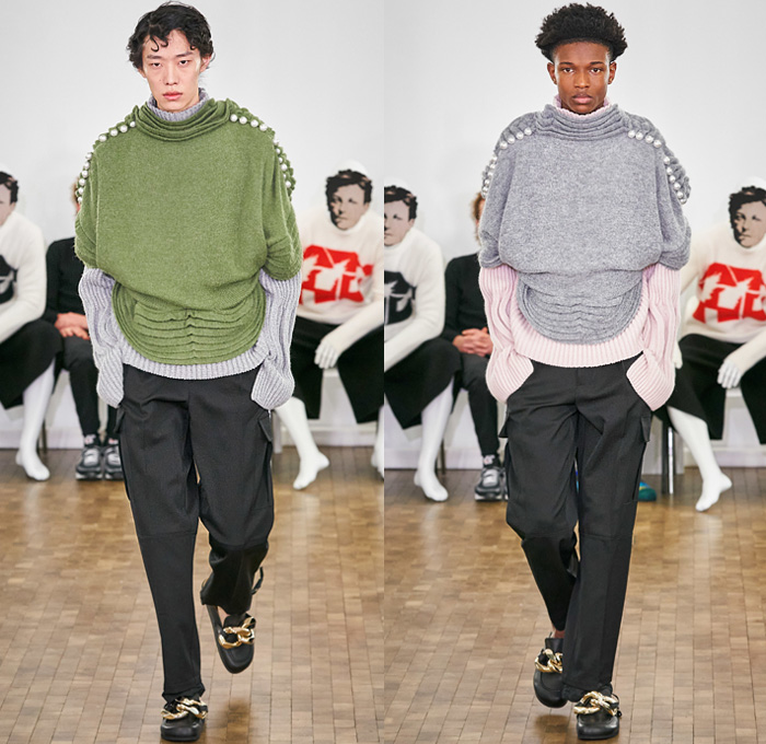 JW Anderson 2020-2021 Fall Autumn Winter Mens Runway Looks - Mode à Paris Fashion Week Mode Masculine Homme France - Pearls Knit Turtleneck Sweater Tiered Accordion Pleats Chain Sleeveless Manblouse Peplum Puff Ball Hem Quilted Puffer Oversized Outerwear Trench Coat Double Lapel Wide Shawl Wool Paisley Shirtdress Check Plaid Grid Lattice Cargo Pants Utility Flap Pockets Shorts Chainlink Giant Bracelet Loafer Cap Bag Neck Scarf