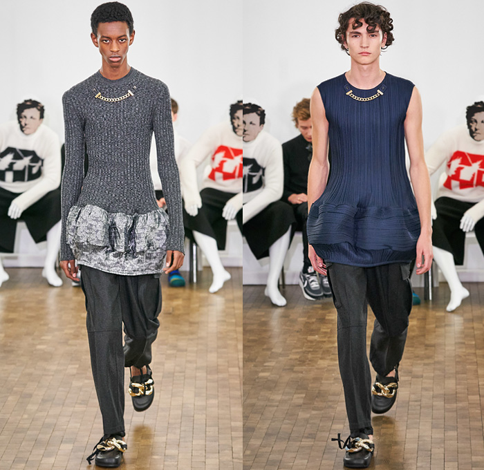 JW Anderson 2020-2021 Fall Autumn Winter Mens Runway Looks - Mode à Paris Fashion Week Mode Masculine Homme France - Pearls Knit Turtleneck Sweater Tiered Accordion Pleats Chain Sleeveless Manblouse Peplum Puff Ball Hem Quilted Puffer Oversized Outerwear Trench Coat Double Lapel Wide Shawl Wool Paisley Shirtdress Check Plaid Grid Lattice Cargo Pants Utility Flap Pockets Shorts Chainlink Giant Bracelet Loafer Cap Bag Neck Scarf