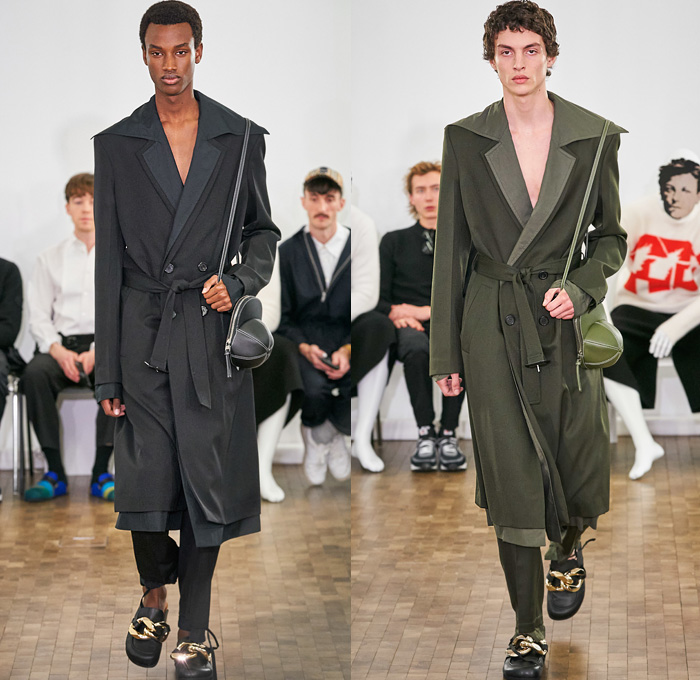 JW Anderson 2020-2021 Fall Autumn Winter Mens Runway Looks - Mode à Paris Fashion Week Mode Masculine Homme France - Pearls Knit Turtleneck Sweater Tiered Accordion Pleats Chain Sleeveless Manblouse Peplum Puff Ball Hem Quilted Puffer Oversized Outerwear Trench Coat Double Lapel Wide Shawl Wool Paisley Shirtdress Check Plaid Grid Lattice Cargo Pants Utility Flap Pockets Shorts Chainlink Giant Bracelet Loafer Cap Bag Neck Scarf