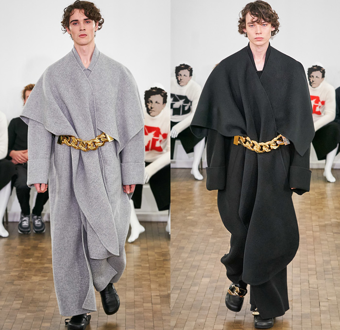 JW Anderson 2020-2021 Fall Autumn Winter Mens Runway Looks - Mode à Paris Fashion Week Mode Masculine Homme France - Pearls Knit Turtleneck Sweater Tiered Accordion Pleats Chain Sleeveless Manblouse Peplum Puff Ball Hem Quilted Puffer Oversized Outerwear Trench Coat Double Lapel Wide Shawl Wool Paisley Shirtdress Check Plaid Grid Lattice Cargo Pants Utility Flap Pockets Shorts Chainlink Giant Bracelet Loafer Cap Bag Neck Scarf