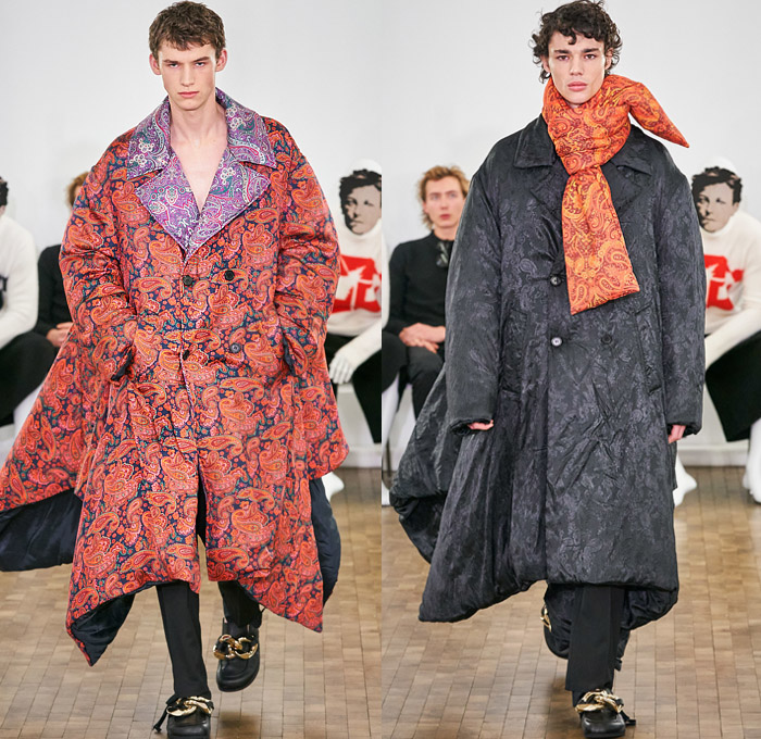 JW Anderson 2020-2021 Fall Autumn Winter Mens Runway Looks - Mode à Paris Fashion Week Mode Masculine Homme France - Pearls Knit Turtleneck Sweater Tiered Accordion Pleats Chain Sleeveless Manblouse Peplum Puff Ball Hem Quilted Puffer Oversized Outerwear Trench Coat Double Lapel Wide Shawl Wool Paisley Shirtdress Check Plaid Grid Lattice Cargo Pants Utility Flap Pockets Shorts Chainlink Giant Bracelet Loafer Cap Bag Neck Scarf