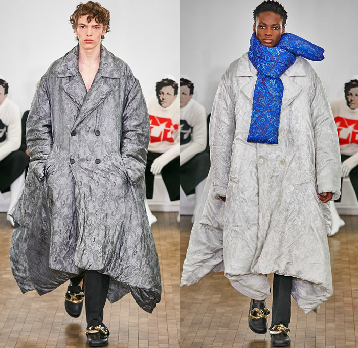 JW Anderson 2020-2021 Fall Autumn Winter Mens Runway Looks - Mode à Paris Fashion Week Mode Masculine Homme France - Pearls Knit Turtleneck Sweater Tiered Accordion Pleats Chain Sleeveless Manblouse Peplum Puff Ball Hem Quilted Puffer Oversized Outerwear Trench Coat Double Lapel Wide Shawl Wool Paisley Shirtdress Check Plaid Grid Lattice Cargo Pants Utility Flap Pockets Shorts Chainlink Giant Bracelet Loafer Cap Bag Neck Scarf