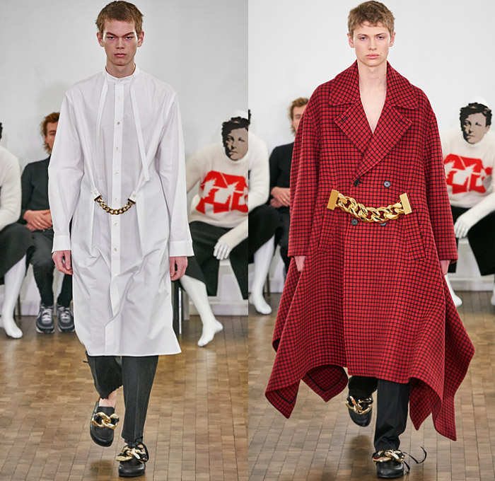 JW Anderson 2020-2021 Fall Autumn Winter Mens Runway Looks - Mode à Paris Fashion Week Mode Masculine Homme France - Pearls Knit Turtleneck Sweater Tiered Accordion Pleats Chain Sleeveless Manblouse Peplum Puff Ball Hem Quilted Puffer Oversized Outerwear Trench Coat Double Lapel Wide Shawl Wool Paisley Shirtdress Check Plaid Grid Lattice Cargo Pants Utility Flap Pockets Shorts Chainlink Giant Bracelet Loafer Cap Bag Neck Scarf