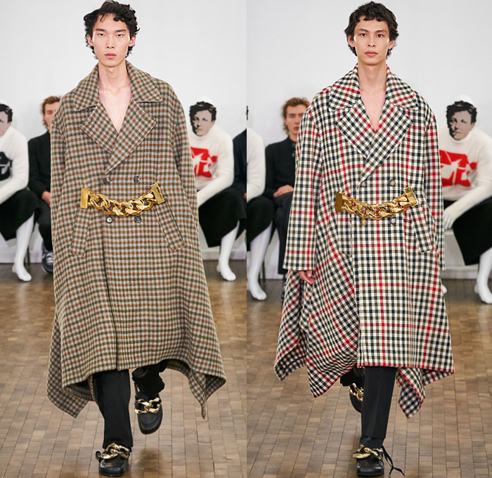 JW Anderson 2020-2021 Fall Autumn Winter Mens Runway Looks - Mode à Paris Fashion Week Mode Masculine Homme France - Pearls Knit Turtleneck Sweater Tiered Accordion Pleats Chain Sleeveless Manblouse Peplum Puff Ball Hem Quilted Puffer Oversized Outerwear Trench Coat Double Lapel Wide Shawl Wool Paisley Shirtdress Check Plaid Grid Lattice Cargo Pants Utility Flap Pockets Shorts Chainlink Giant Bracelet Loafer Cap Bag Neck Scarf