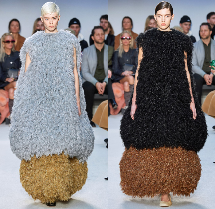 JW Anderson 2020-2021 Fall Autumn Winter Womens Runway Catwalk Looks - London Fashion Week Collections UK - Puff Ball Skirt Maxi Dress Gown Scales Fringes Tiered Silk Satin Turtleneck Bedazzled Embroidery Beads Crystals Wrap Draped Cape Poncho Cloak Gold Metallic Stripes Waves Asymmetrical Ruffles Pussycat Bow Sheer Chiffon Knit Cinch Drawstring Leg O'Mutton Bell Sleeves Tie Up Waist Trench Coat Pantsuit Coatdress Oversized Wide Lapel Boots Fur Flats Claw Handbag