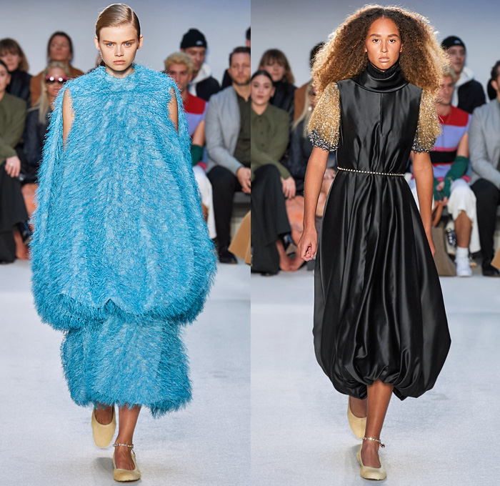 JW Anderson 2020-2021 Fall Autumn Winter Womens Runway Catwalk Looks - London Fashion Week Collections UK - Puff Ball Skirt Maxi Dress Gown Scales Fringes Tiered Silk Satin Turtleneck Bedazzled Embroidery Beads Crystals Wrap Draped Cape Poncho Cloak Gold Metallic Stripes Waves Asymmetrical Ruffles Pussycat Bow Sheer Chiffon Knit Cinch Drawstring Leg O'Mutton Bell Sleeves Tie Up Waist Trench Coat Pantsuit Coatdress Oversized Wide Lapel Boots Fur Flats Claw Handbag