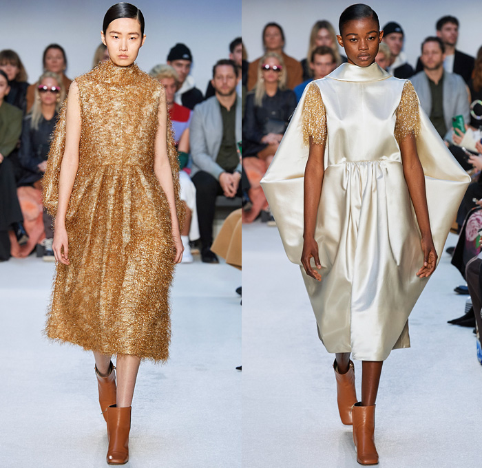 JW Anderson 2020-2021 Fall Autumn Winter Womens Runway Catwalk Looks - London Fashion Week Collections UK - Puff Ball Skirt Maxi Dress Gown Scales Fringes Tiered Silk Satin Turtleneck Bedazzled Embroidery Beads Crystals Wrap Draped Cape Poncho Cloak Gold Metallic Stripes Waves Asymmetrical Ruffles Pussycat Bow Sheer Chiffon Knit Cinch Drawstring Leg O'Mutton Bell Sleeves Tie Up Waist Trench Coat Pantsuit Coatdress Oversized Wide Lapel Boots Fur Flats Claw Handbag